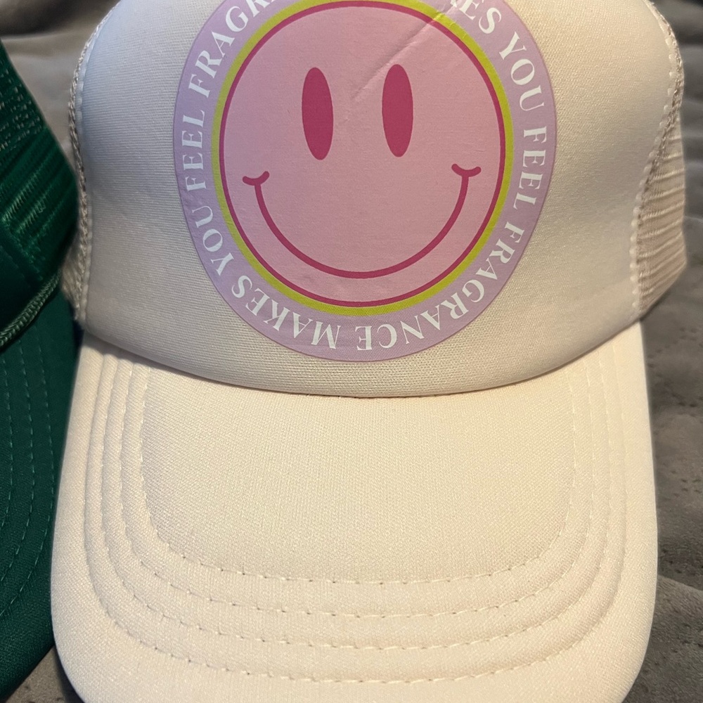 White Trucker Hat with Pink Smiley Face